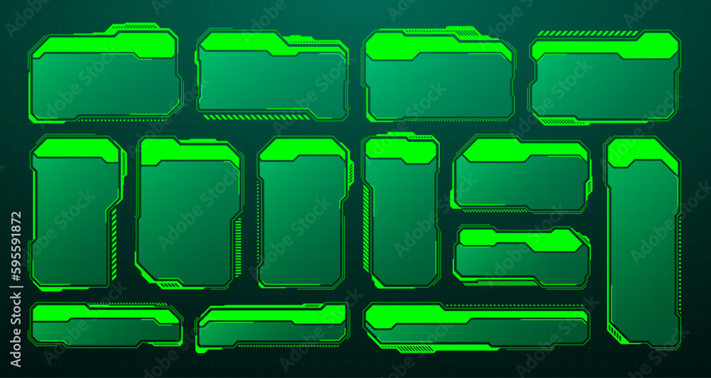 Wall mural Green futuristic HUD, UI elements. Sci-fi user interface text boxes, callouts. Warning message frames, information boxes template. Modern game interface layout in digital style. Vector illustration