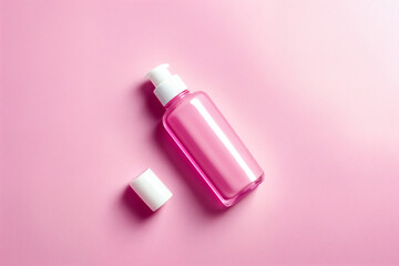 A perfume or a bottle for cosmetics on a pink background. Generative AI.
