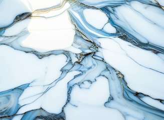 Fondo con detalle y textura de superficie de encimera de marmol con tonos blancos, azules y vetas doradas - obrazy, fototapety, plakaty