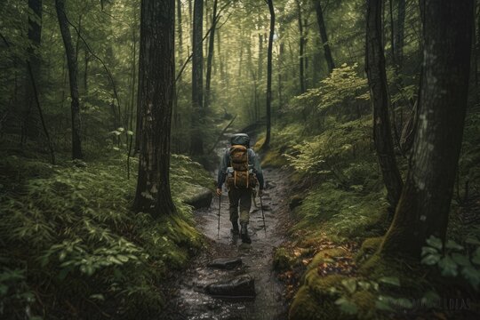 outdoorsman, venturing deep into the forest on a trail less traveled, created with generative ai