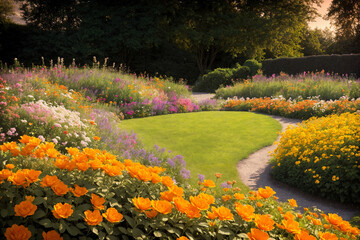 Obraz premium Flower garden, flowerbed, flowers close-up, landscaping, beautiful nature in summer. Generative AI.