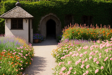 Flower garden, flowerbed close-up near old house, landscaping, beautiful nature in summer. Generative AI.