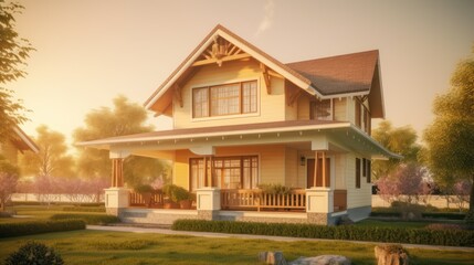 Fototapeta na wymiar Bungalow exterior house design in daytime golden hour generative ai