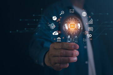 Idea and imagination. Creative and inspiration with Hand holding Light bulb. AI, Artificial Intelligence of futuristic Innovative technology concept, smart robot AI, Chatbot, assistant, secretary.