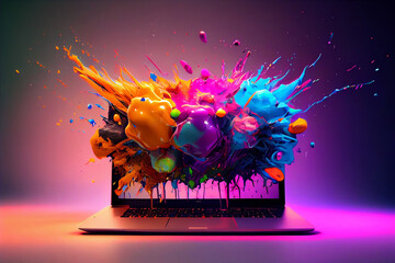 Colorful ideas bursting out of a laptop computer, generative ai