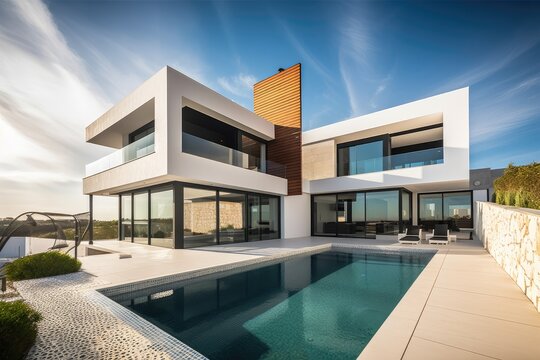 luxurious and modern villa with swimming pool and sun deck, created with generative ai