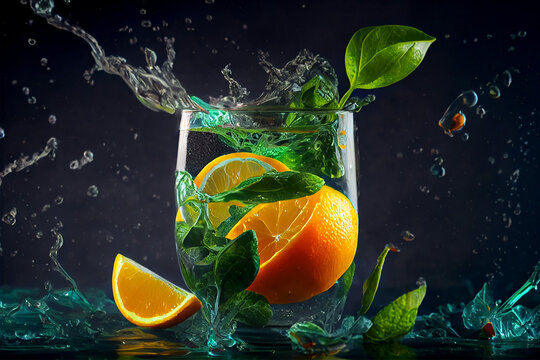 Water infused with citrus and mint leaves. Created with Generative AI technology