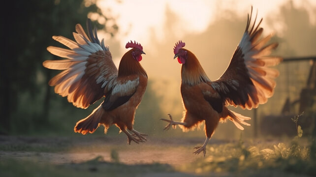 Two roosters fighting in the arena with a rustic composition. Ai generative