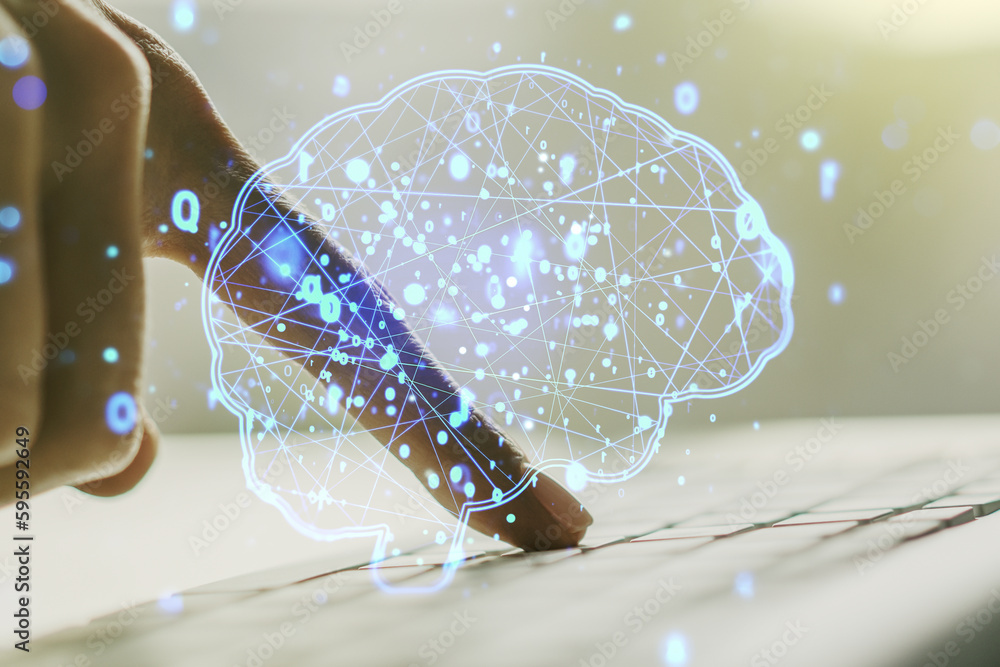 Poster creative artificial intelligence concept with human brain sketch and hands typing on computer keyboa