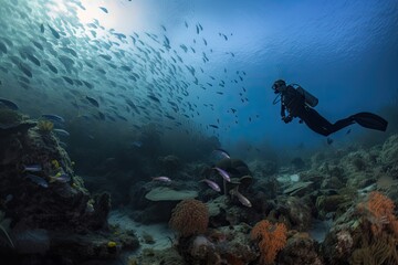 Fototapeta na wymiar diver surveying the reef, surrounded by schools of fish, created with generative ai