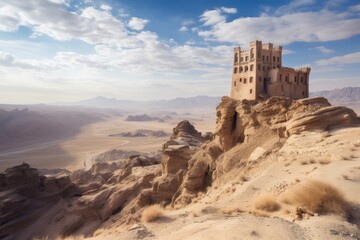 ancient castle on a cliff, overlooking the vast desert landscape, created with generative ai