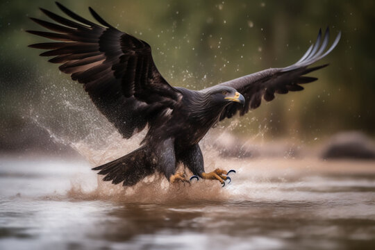 A large eagle swooping down to catch fish in its claws, with water splashing around - Generative AI