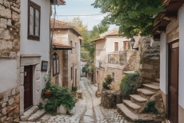 Fototapeta na wymiar picturesque village with artfully preserved historical structures and architectural details, created with generative ai