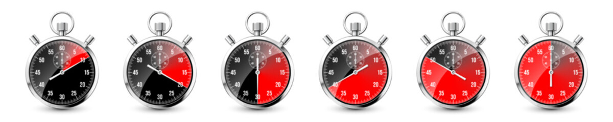 Realistic classic stopwatch. Shiny metal chronometer, time counter with dial. Red countdown timer showing minutes and seconds. Time measurement for sport, start and finish. Vector illustration