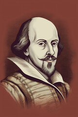 William Shakespeare engraved portrait of the famous English Elizabethan playwright and bard from Stratford Upon Avon born in the 16th century, computer Generative AI stock illustration image
