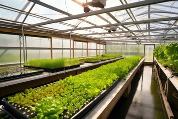 Fototapeta na wymiar a view of an aquaponics system with plants growing in a greenhouse, created with generative ai