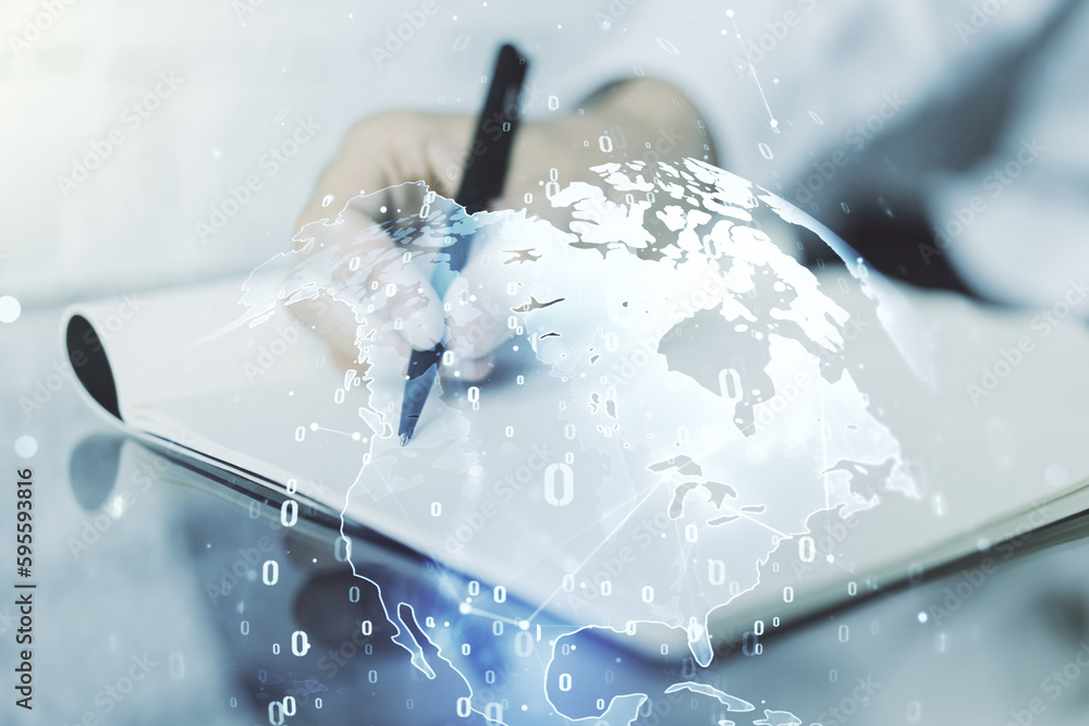 Poster multi exposure of abstract software development hologram with world map and man hand writing in note