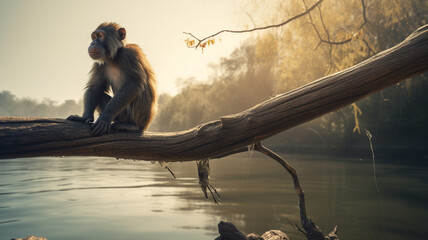 A monkey sitting relaxed on a tree branch above the river, expressive, playful - Generative AI