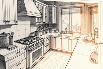close-up of penciled sketch of kitchen, with details and textures visible, created with generative ai