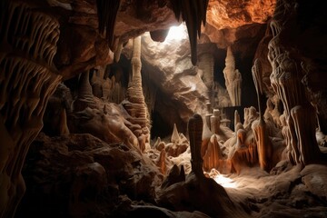 cave with intricate formations and speleothems, showcasing the beauty of the underground world, created with generative ai