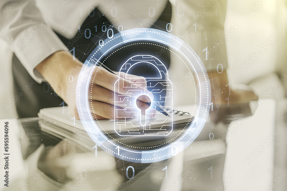 Poster creative lock illustration with microcircuit and man hand writing in diary on background, cyber secu