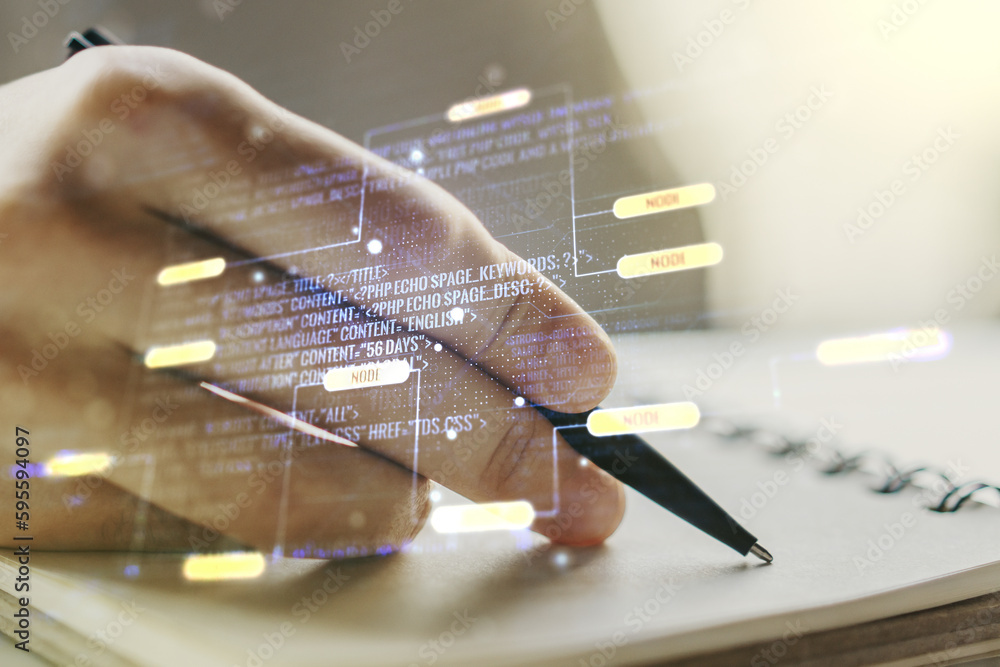 Aufkleber abstract creative coding illustration with man hand writing in diary on background, software develop