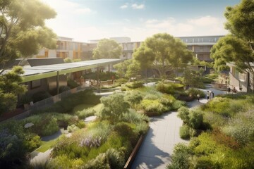 sustainable and green community with communal garden and walking paths, created with generative ai