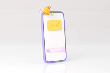 3D smartphone with email and bell notification message and searching icon, 3D render illustration
