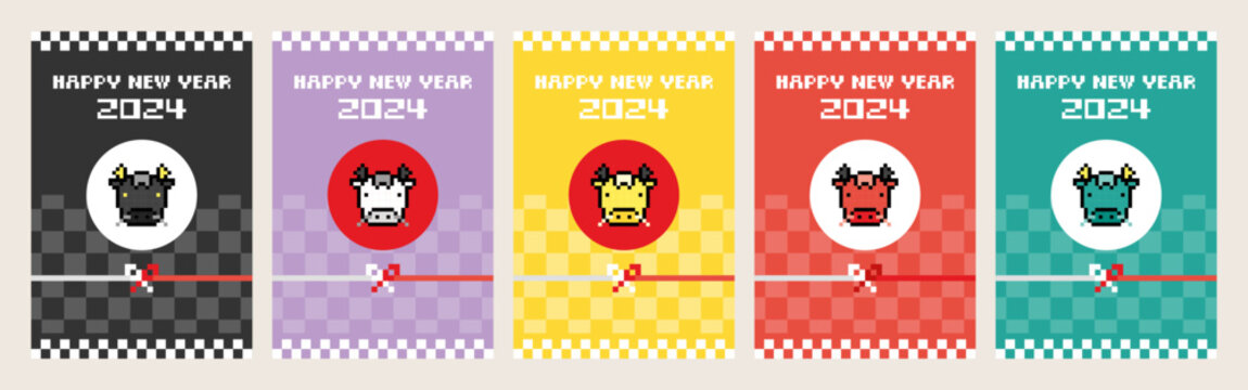 ドット絵 年賀状（2024年 辰年）セット　縦（100mm×148mm）