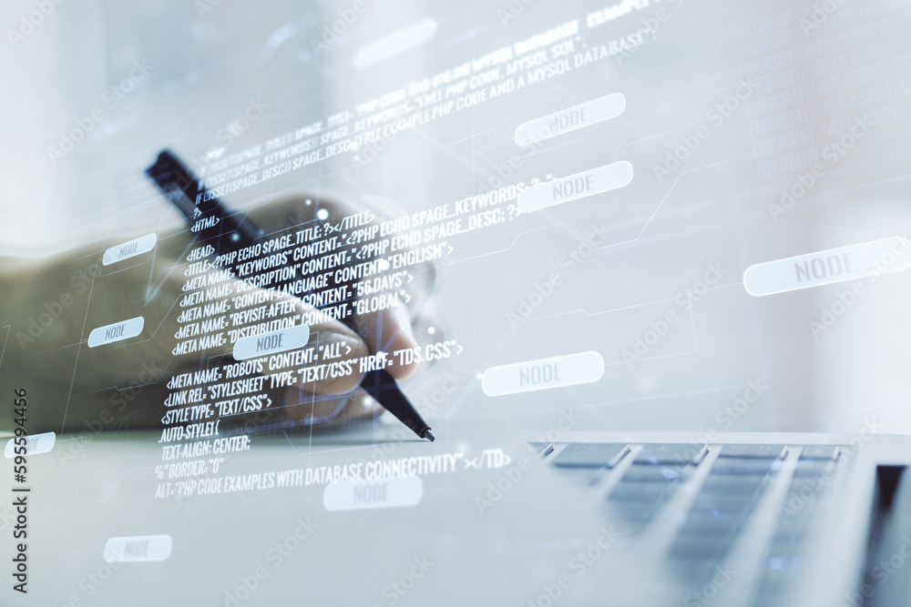 Poster double exposure of abstract programming language with hand writing in notebook on background with la
