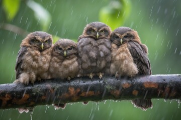 baby owls huddle together on the branch, sheltered from rain and wind, created with generative ai