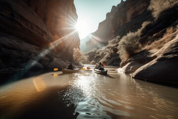Fototapeta premium outdoorsy couple kayaking through a majestic canyon, with the sun shining and reflections glistening on the water, created with generative ai