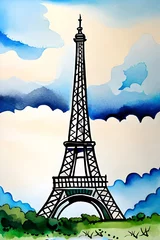 Fotobehang Eiffel Tower watercolour built by Gustave Eiffel in Paris France and is a popular tourist holiday travel destination and landmark attraction, computer Generative AI stock illustration image © Tony Baggett
