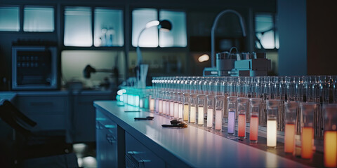 Laboratory glassware with multicolored liquids, science research concept. Generative AI Illustration