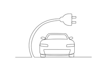 Obraz premium Continuous one line drawing Electric car with plug. Electric car concept. Single line draw design vector graphic illustration.