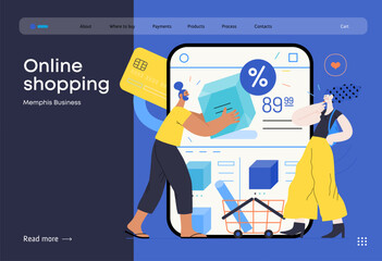 Memphis business illustration. Online shopping -modern flat vector concept illustration of people with a shopping cart choosing articles in a shop app. Commercial business sales metaphor.