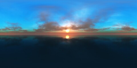Fototapeta na wymiar Beautiful sea sunset, HDRI, environment map , Round panorama, spherical panorama, equidistant projection, 360 high resolution panorama , 3d rendering 