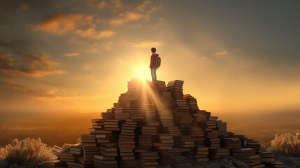 Fototapeta na wymiar A child standing among many books against the background of sunset. Generative AI