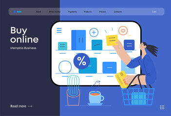Memphis business illustration. Buy online -modern flat vector concept illustration of a woman with a shopping cart choosing articles in a shop app. Commercial business sales metaphor.