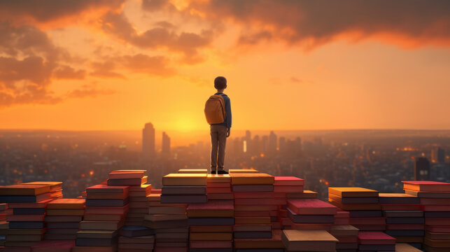 A child standing among many books against the background of sunset. Generative AI