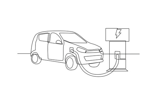 Continuous one line drawing Electric car at charging station. Electric car concept. Single line draw design vector graphic illustration.