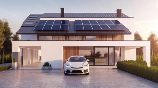 The electric car is charging near the house. A house with solar panels on the roof. Generative AI