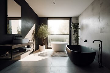 Fototapeta na wymiar Sleek bathroom with tiled wall and bathtub for minimalistic style. Generative AI