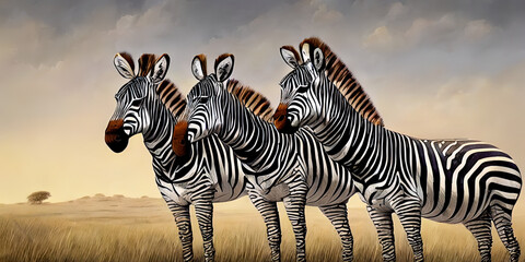 Fototapeta na wymiar picture of three zebras in the Serengeti National Park in Tanzania's Grumeti Game Reserve. Generated By AI