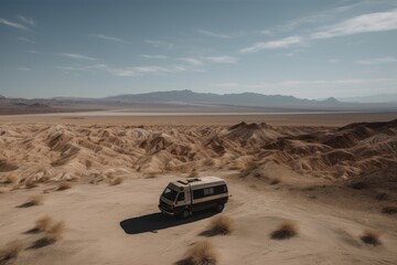 Obraz na płótnie Canvas van, surrounded by endless desert landscape, with mountains in the distance, created with generative ai
