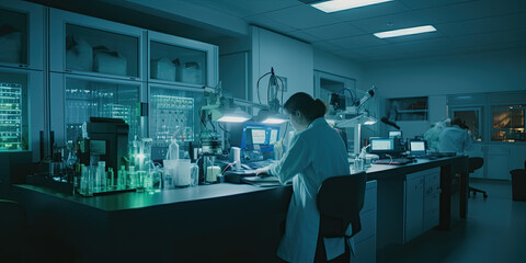 Scientist working with computer in laboratory. Generative AI Illustration