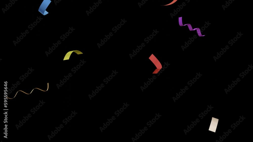 Poster animation of colorful flying confetti particles. motion of colorful paper ribbon shapes for party, c