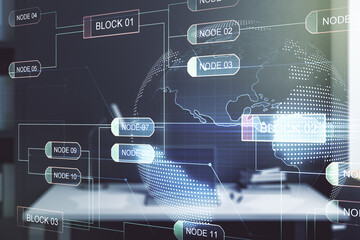 Double exposure of abstract creative programming illustration with world map and modern desk with computer on background, big data and blockchain concept