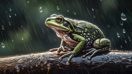 Macro shot of a frog perched on a wooden branch during rain. generative AI