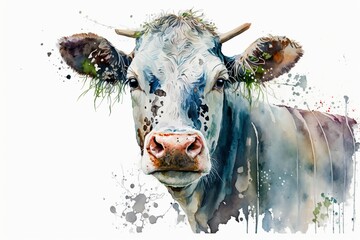 Watercolor cow illustration white background,Generative AI